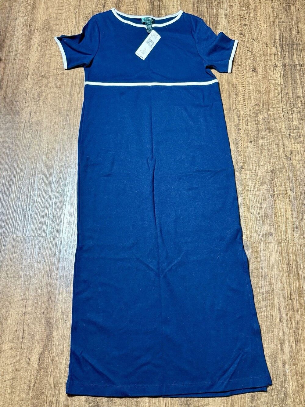 Lauren Ralph Lauren Blue Babydoll Maxi Dress Short Sleeve Cotton Petite Lrg NWT